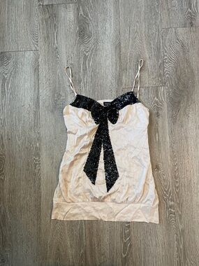 bebe Y2K Cream Camisole with Black Sequin Bow Accent silk blend medium